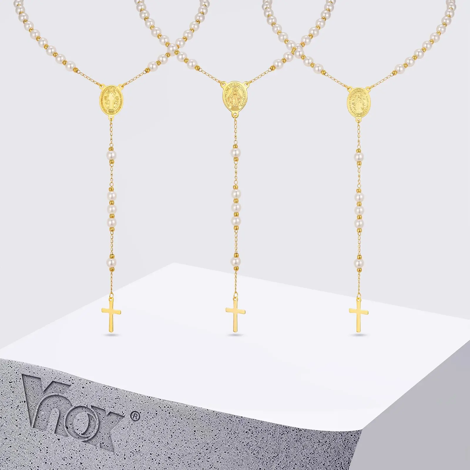 

Vnox Stainless Steel Pearl Rosary Beaded Necklace,Virgin Mary Religious Cross Necklace For Women,Prayer Jewelry 65cm Long Chain