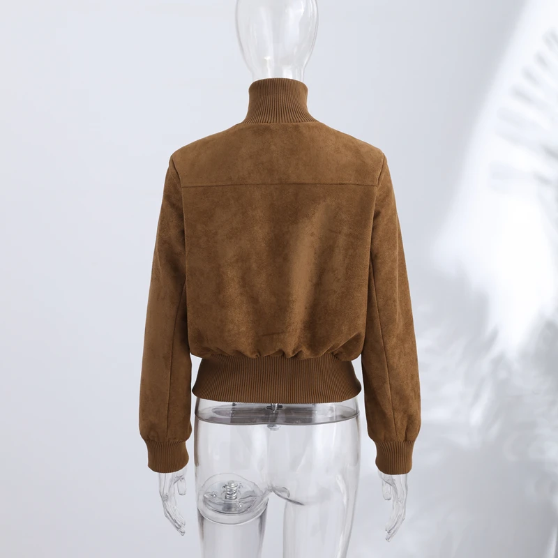 2026 Herbst Vintage Wildleder Damenjacke Langarm Revers Reißverschluss Tasche Stehkragen Kurzer Damenmantel Modische Streetwear-Oberbekleidung – Detail 2