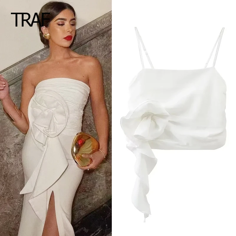 TRAF Cropped Floral Top Women's Tube Top Summer 2024 White Off Shoulder Sleeveless Backless Tops With Straps Elegant Casual Vest