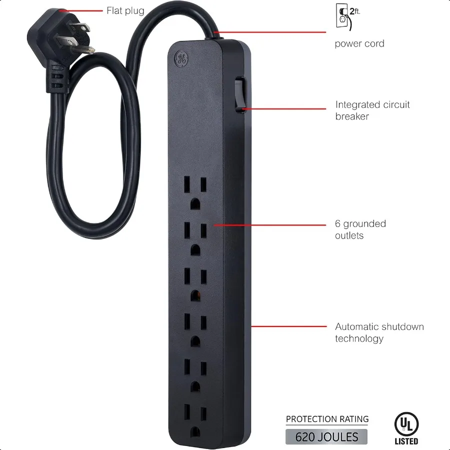 GE Pro 6Outlet عرام حامي 2 قدم تمديد الحبل 620 جولز قطاع الطاقة المكونات المسطحة قطاع دارة متكاملة جدار جبل UL Li
