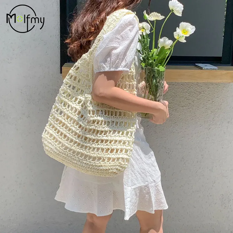 Summer Beach Bag For Women Hollow Out Knitted Bucket Shoulder Bags Reticulate Hollow Travel Shopper Totes Ladies Fashion Handbag