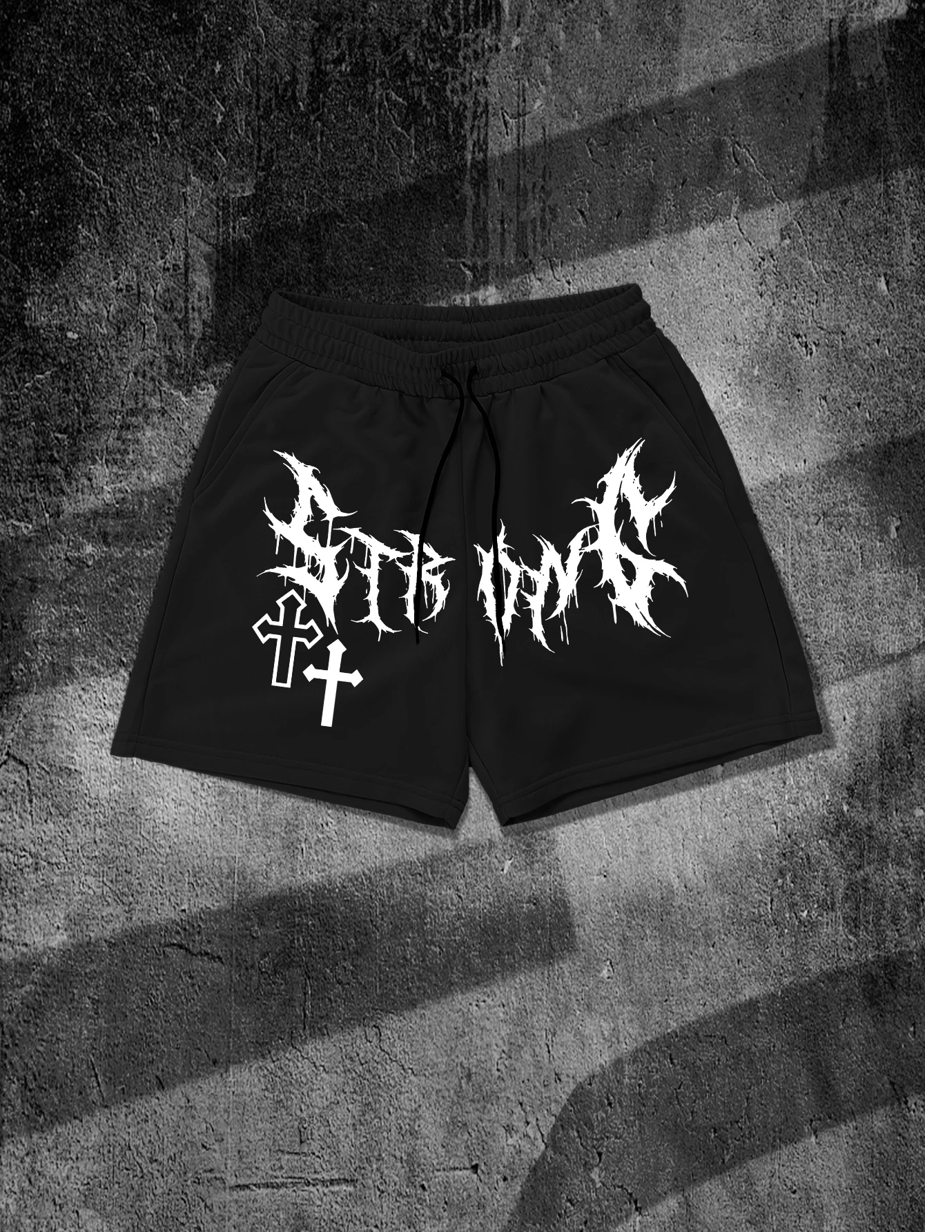 

Men's Gothic Cross Death Metal Typography Graphic Shorts Dark Grunge Streetwear Drawstring Quick Dry Summer Casual Sports Shorts