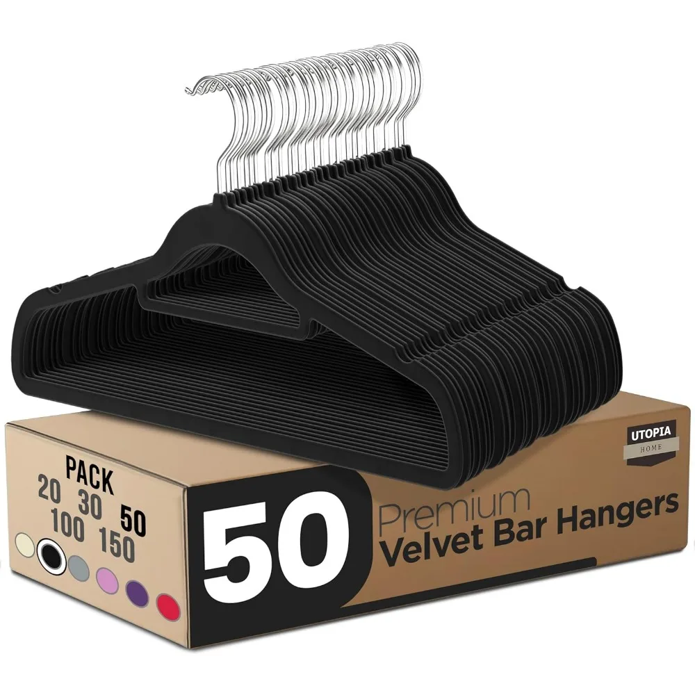 

Premium Velvet Hangers 50 Pack Non Slip with Tie Bar Rotating Hook Heavy Duty Coat Hanger Black
