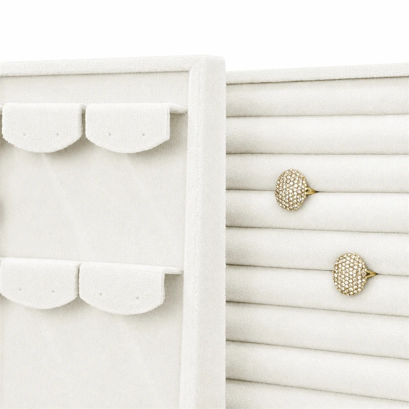 Soft Beige Velvet Jewelry Display Rack Multi-Slot Necklace Ring Earring Storage Tray Desktop Decoration Jewelry Organizer Holder