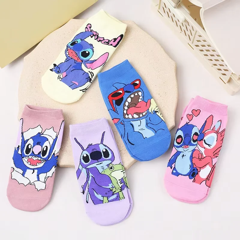 

5 Pairs Stitch Women's Short Socks Fashionable Funny Cartoon Knitted Unisex Casual Socks Cute Stitch Men's Women's Boat Socks