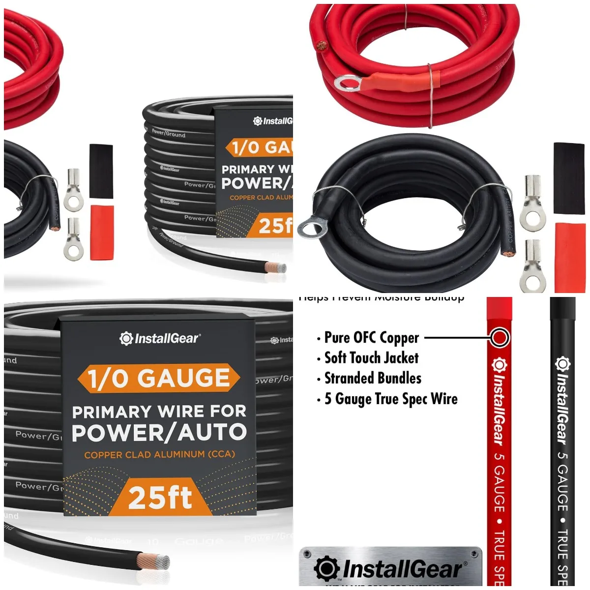 

AWG 5 Gauge 10ft OFC Battery Power Inverter Cables - 2ct Red/Black and 1/0 Gauge Wire 25ft CCA Power Ground Wire - Black