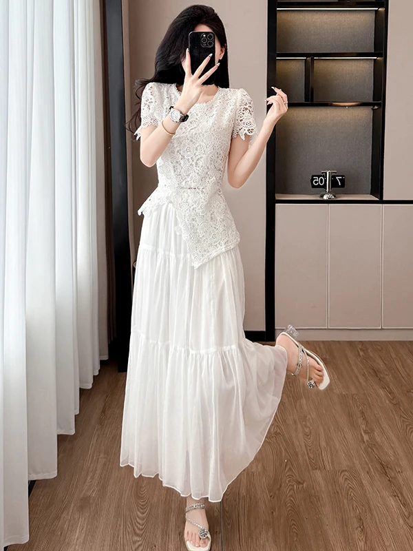 Ele الدانتيل والتطريز الجوف خارج الأعلى وتنورة قطعتين مجموعة المرأة عطلة الصيف فريدة من نوعها جميلة Faionable #3