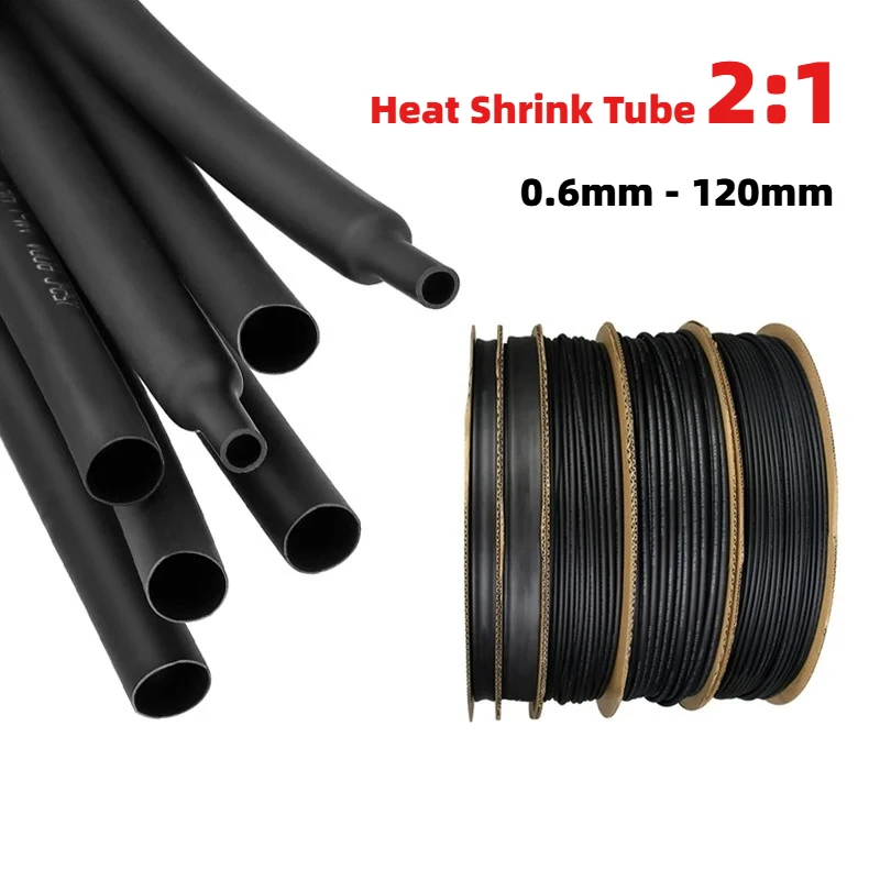 5/10m 2:1 Heat Shrink Tube Black Diameter 0.6mm ~ 120mm DIY Wire Cable Repair Wrap Waterproof Insulated Protective Sleeving 600V