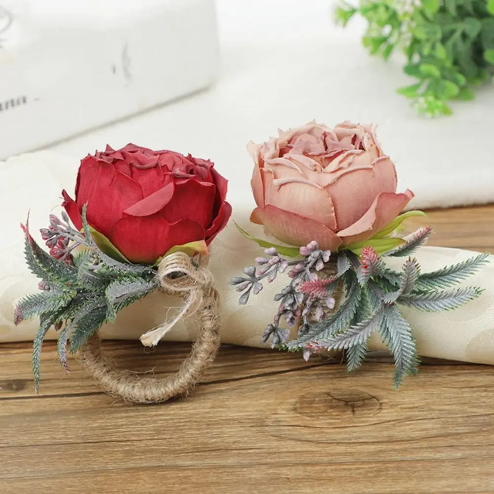 2pcs Artificial Rose Flower Napkin Rings Plastic Exquisite Napkin Buckle Romantic Portable Simulation Flower Napkin Holder