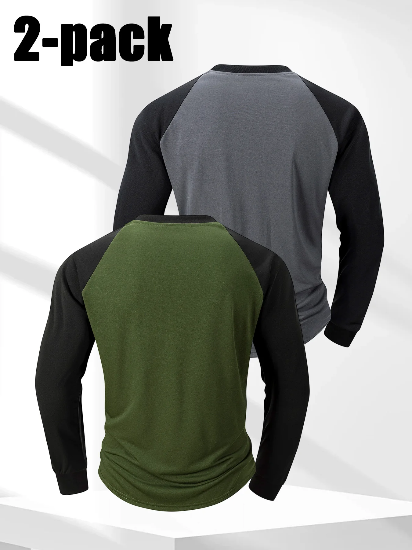 2 Pack Mens Raglan Long Sleeve T Shirts Crew Neck Color Block Baseball Tee Stretch Breathable Casual Sports Running Shirts