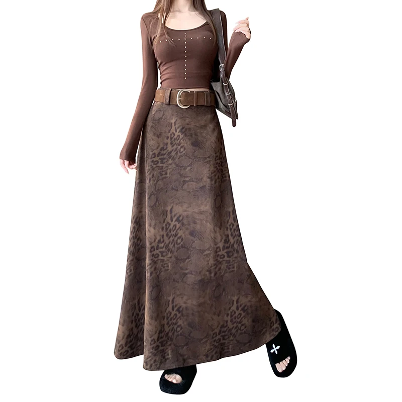 Ele High Waist Coffee Color Printed f Skirt Women's Faion Long Midi Skirt Autumn Winter New Design Slimming Effect