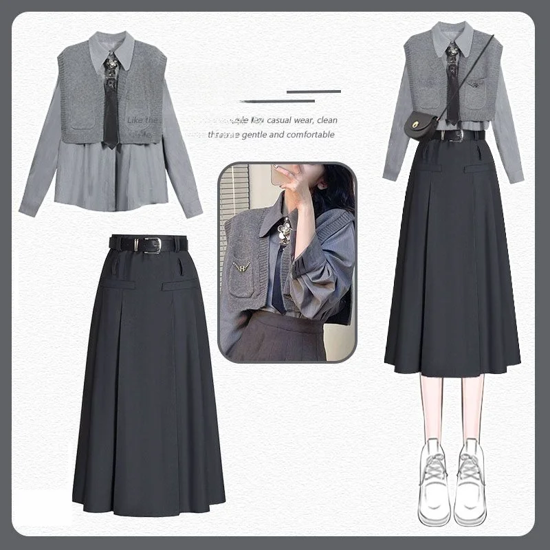 

Faionable Women's Autumn irt Vest Set High Waist Slimming Skirt Tee Piece Long Sve Collar Ensemble High Quali