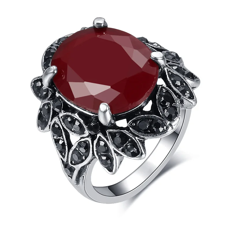 

Retro Court Carved Le Embedded High-End Resin Stone Wedding Ring Facet Red Ruby Alloy Jewelry Faionable Accory