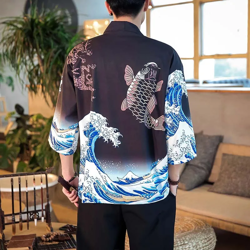 Cardigã retrô chinês masculino, quimono estampado de carpa hanfu ukiyoe, camisa fina e solta com veste taoísta, roupa de praia com protetor solar, verão