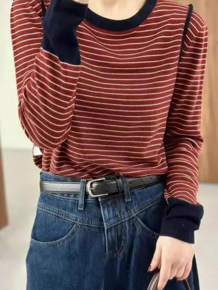 

Ele Commute Casual Long Sve Overhead Striped Base irt Korean Sle Loose Fit Autumn ential Woolen T-irt