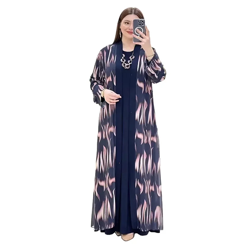 Printed Cardigan Robe 2 Piece Set Abayas Women Autumn Muslim Sets Elegant Party Long Dress Arab Abaya Dubai Turkey Islam Kaftan