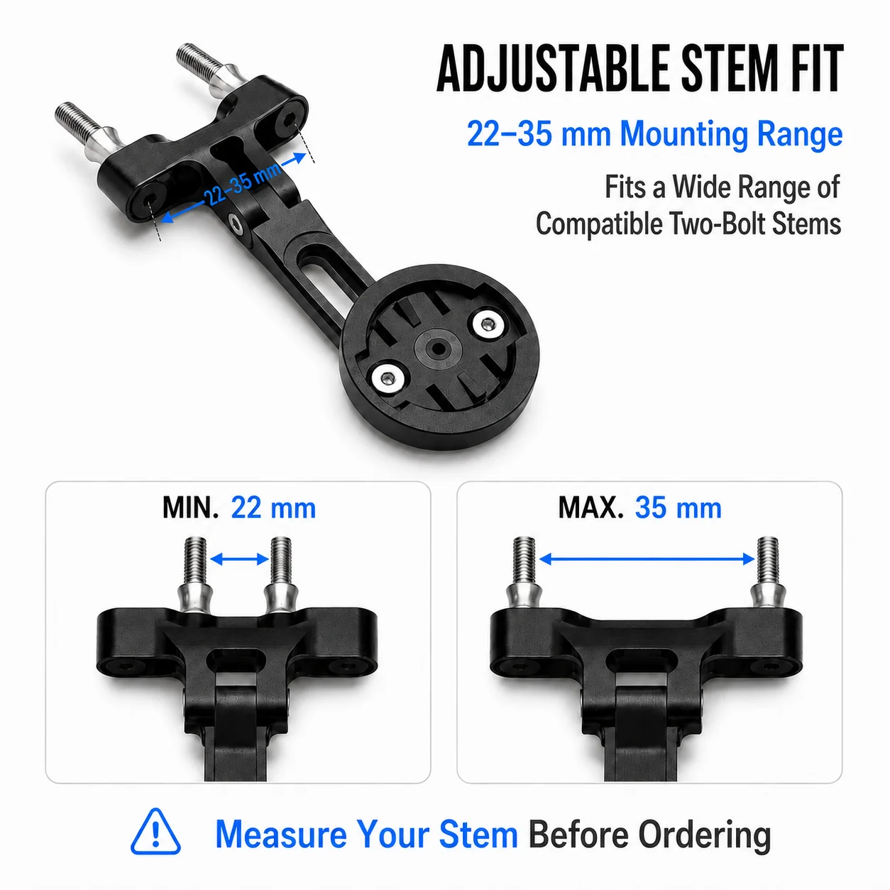 Verstellbare Fahrradcomputerhalterung für Garmin Edge, Zweibolzen-Vorbau, 22-35mm Abstand, 120 ° CNC-Aluminium-Halterung für Straßen- und Mountainbikes – Detail 3
