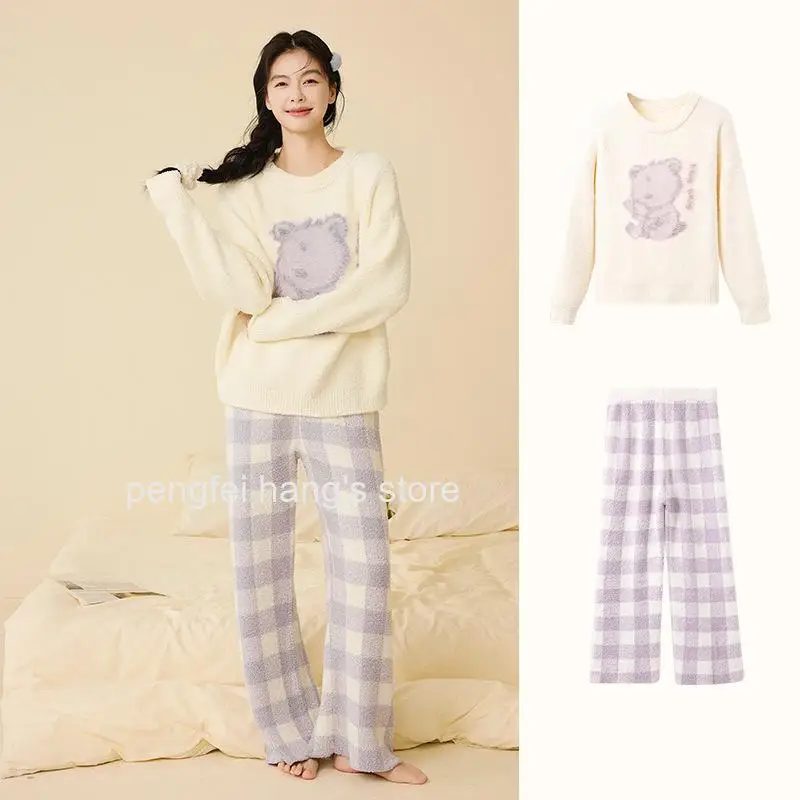 Women Winter New Half Fleece Coral Fleece Pajama Set Round Neck Thick Fleece Lined Warm Soft Casual Homewear Sleepwear Suit