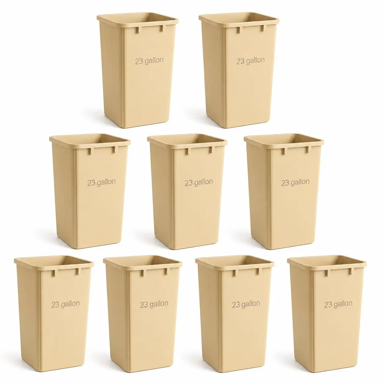 9 Pack Beige 23 Gallon Square Commercial Trash Can, Heavy Duty Plastic Slim Waste Bin with Venting Channels and Built-in Handles