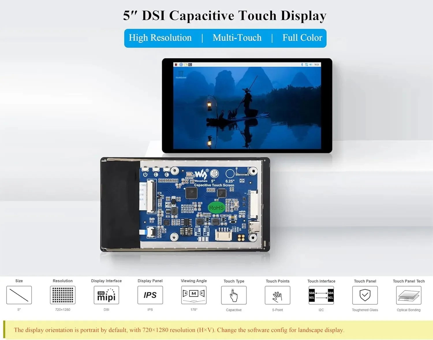 Waveshare Pantalla táctil IPS DSI de 5,0 pulgadas Panel táctil capacitivo 720x1280 Compatible con Raspberry Pi 5/4B/3B+/CM4/3+/3