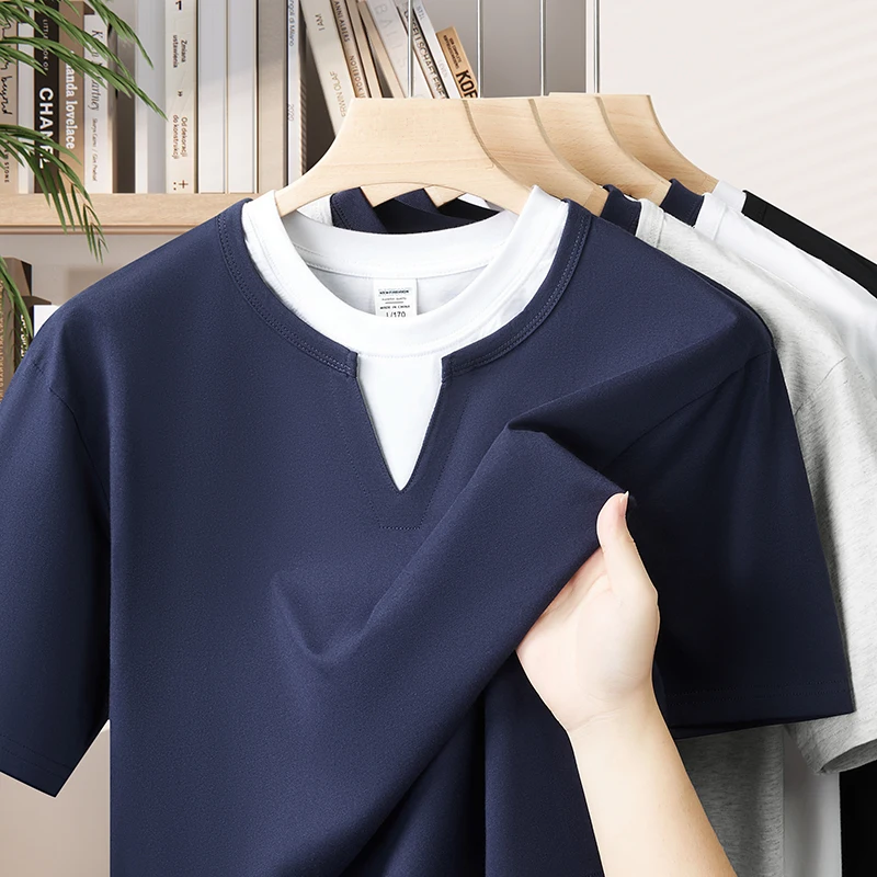 T Shirt for Man Summer New Loose Round Neck Short Sleeve Fake Two Piece Pure Cotton Solid Color