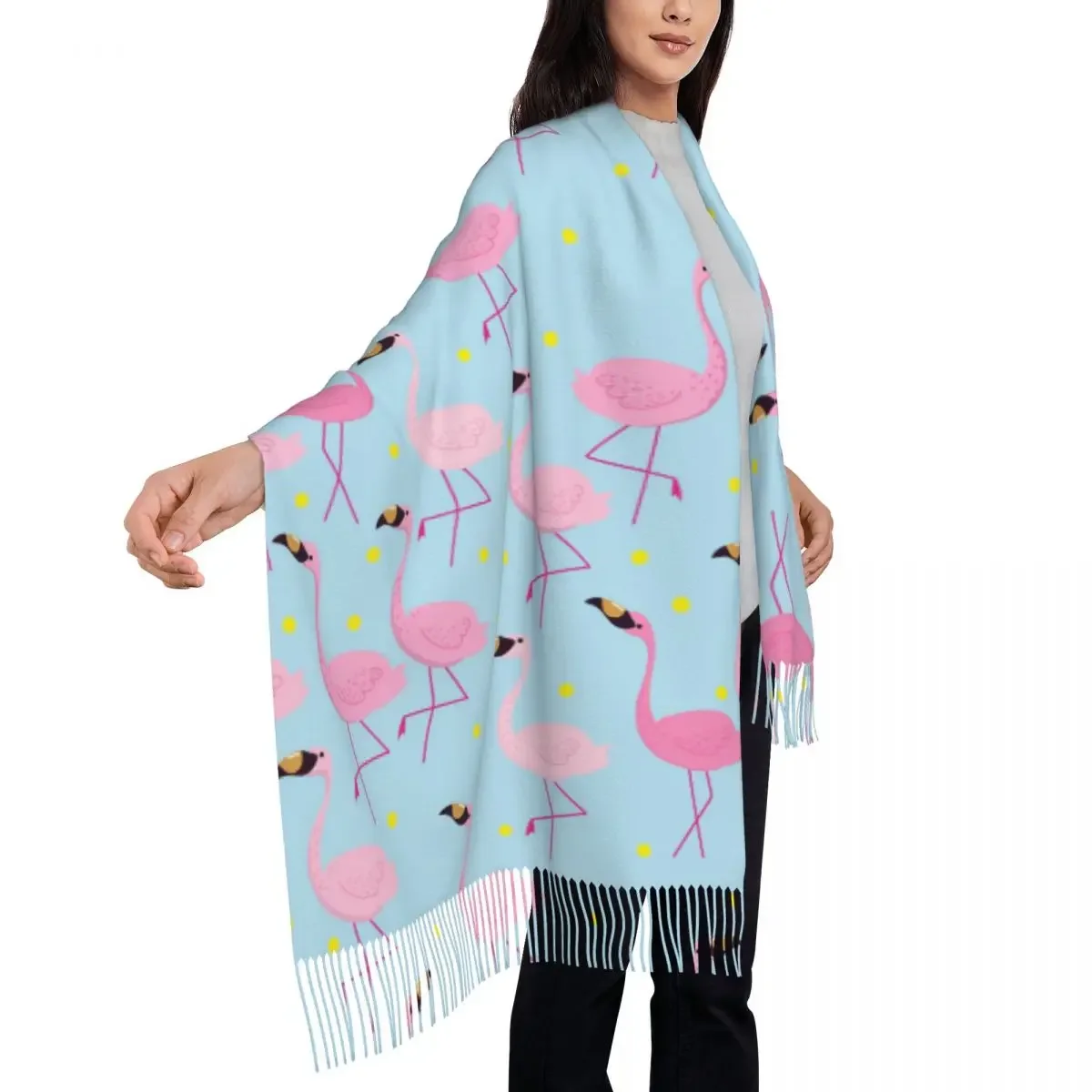 Personalized Printed Pink Flamingo Pattern Long Pile Fringe Men Scarf Women'S Anti Chill 