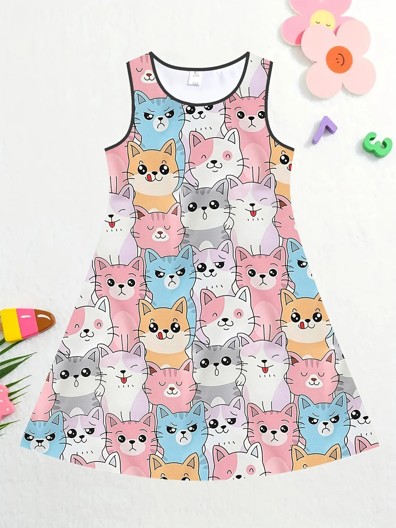 2024 Kids Little Girls Sleeveless Over Knee Dress Girl Dress Lovely Style Cartoon Cats 3d Print Daily Casual Cute Dress Clothing