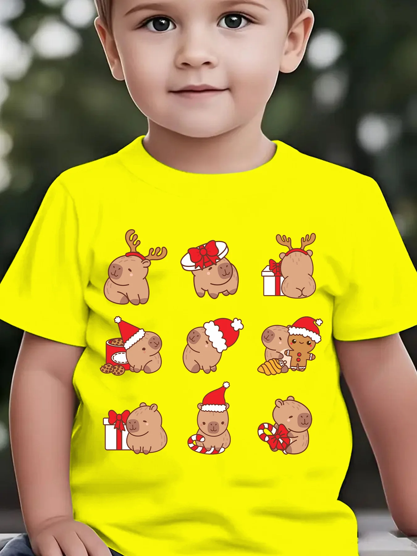Xmas Santa Hat Capybara Graphic T Shirt Boys Girls Family Matching Soft Cotton Short Sleeve Festive Children Basic Wear Tops