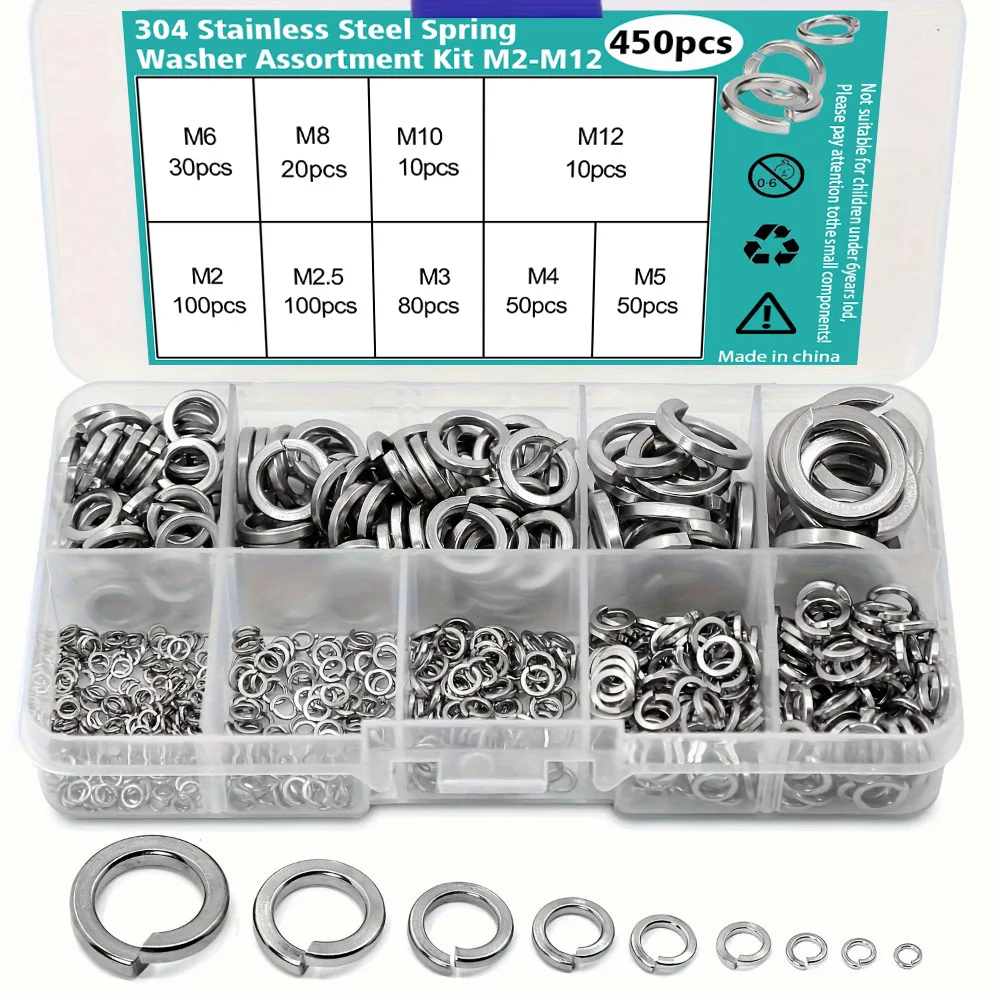 450-Piece Set of 304 Stainless Steel Spring Washers - M2, M2.5, M3, M4, M5, M6, M8, M10, M2
