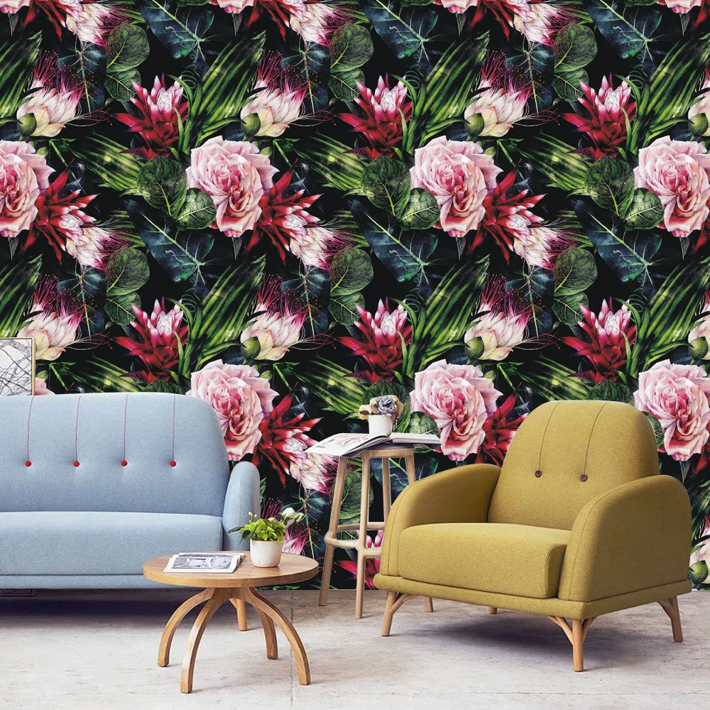 ورق جدران من الفينيل ذاتي اللصق قابل للإزالة بأوراق خضراء داكنة وزهور وردية اللون قابل للإزالة لديكور المنزل والحمام #3