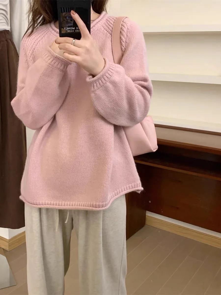 

Korean Solid Color Pullover Sweater for Women, Gentle and Loose Knit Top, Lazy Style, Western-Style Soft and Sticky Sweater