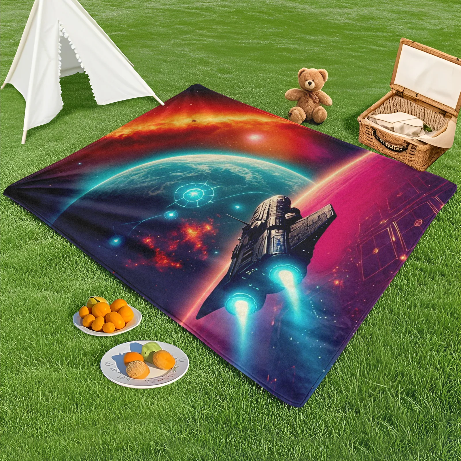 Red Blue Sci-Fi Outdoor Blanket Featuring Planets And Spaceships For Stargazing And Camping Adventures