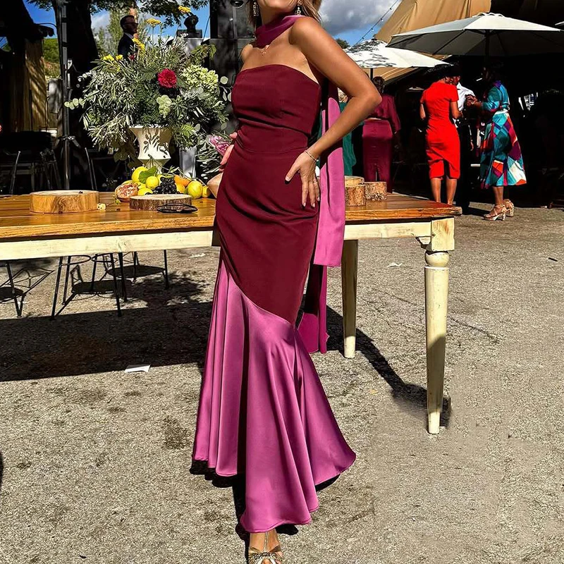 Frauen Meerjungfrau Rohr Tops Bankett Langes Kleid Elegante Weibliche Taille Drapieren Langes Kleid