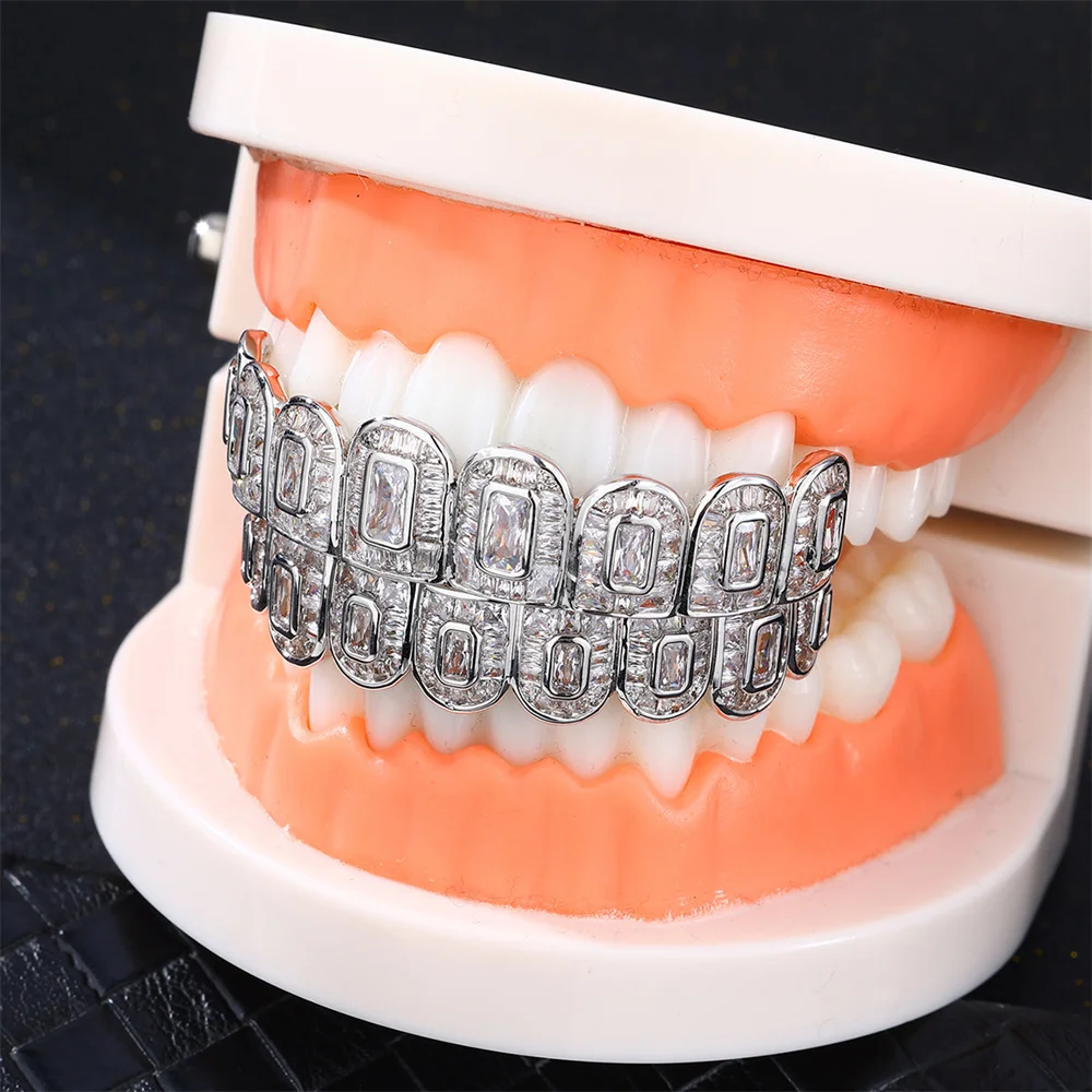 D&Z Hip Pop Luxury Full Iced Out Square Cubic Zirconia Stones Grills Teeth For Men Women Rapper Fashion Grillz Jewelry