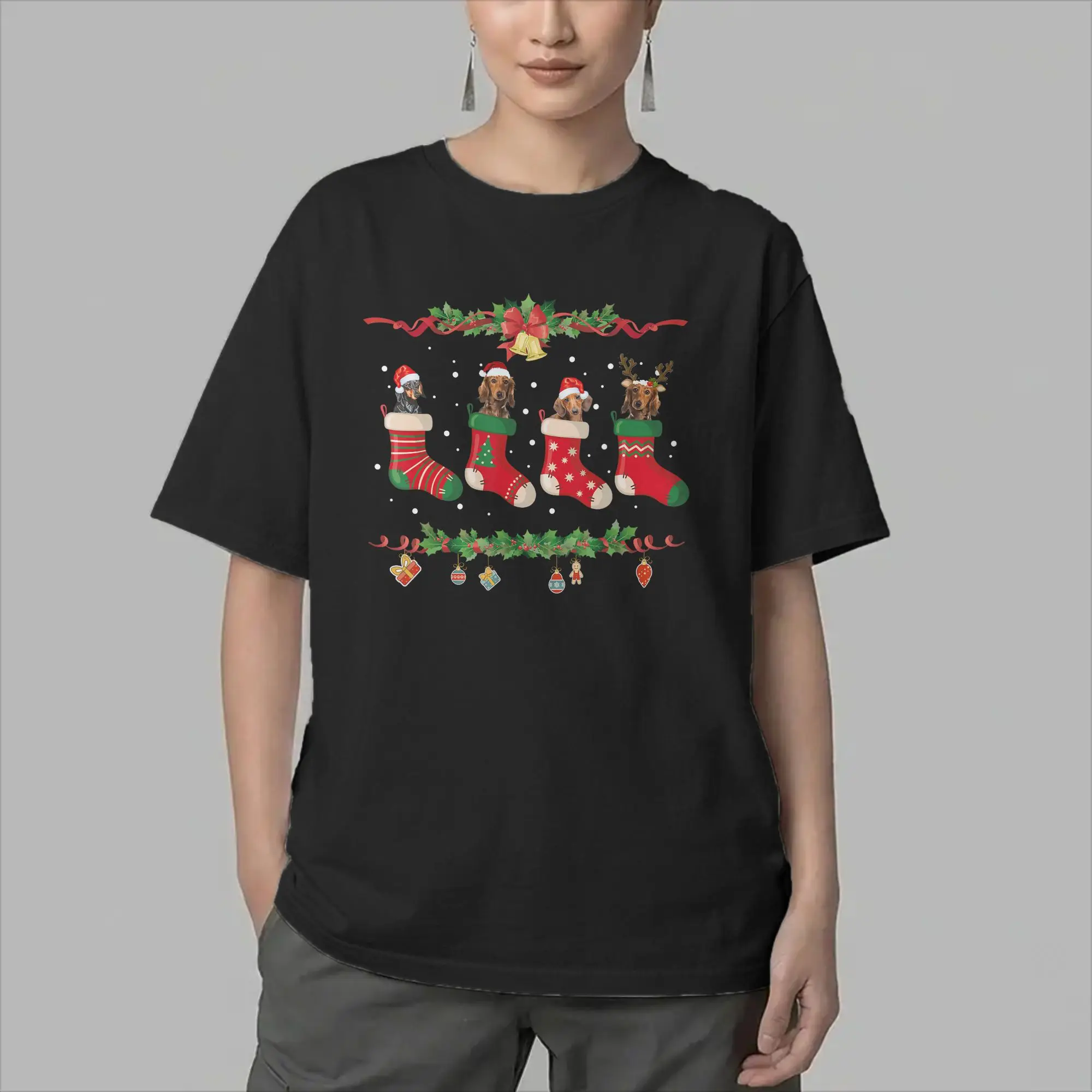 Dachshund Christmas Shirt Stocking Dog Xmas T-Shirt for Men  Novelty Pure Cotton Tee Shirt Crew Neck Short Sleeve T Shirt