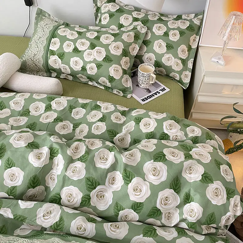 Floral Ins Duvet Cover Set Fashion Green Cream Korean Girls Boys Queen Single Szie Pillowcases Flat Sheet Soft Bed Linens