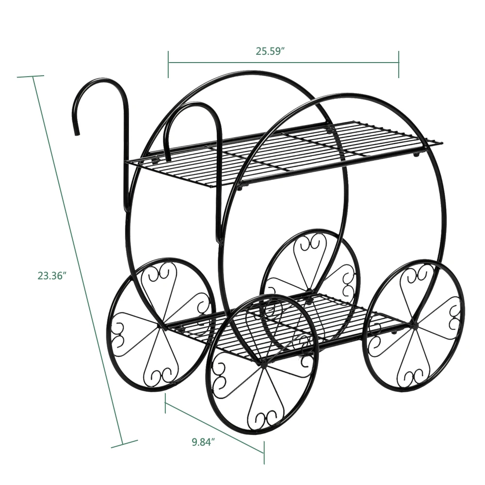 Paint With Handle Cart Shape 2 Layer Plant Stand Black Outdoor Furniture
