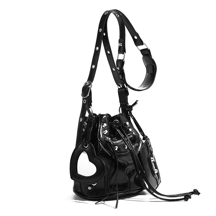 New Versatile Drawstring Shoulder Bag Fashion Bucket Style Rivet Biker Design Premium Casual Commuter Crossbody Bag