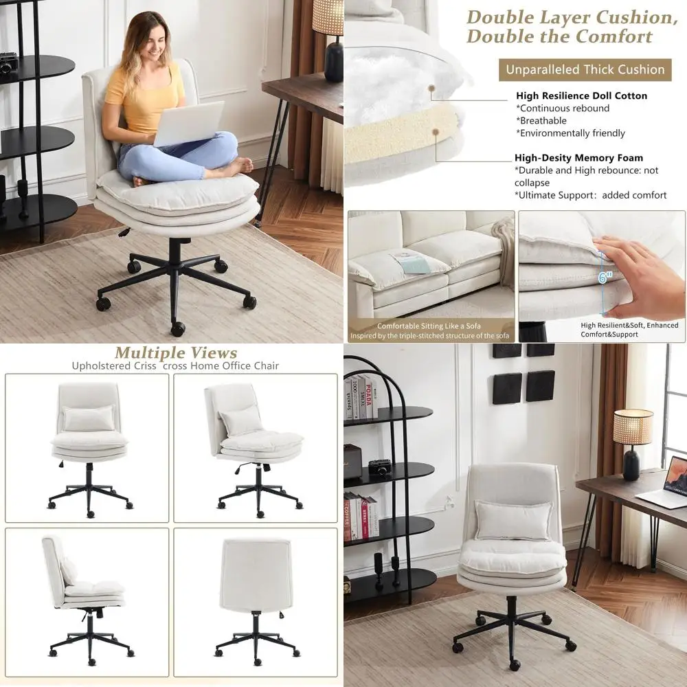 

18-дюймовое офисное кресло с высокой спинкой, без подлокотников, на колесиках, с широким мягким сиденьем для домашнего офиса, современное рабочее кресло из бежевой ткани