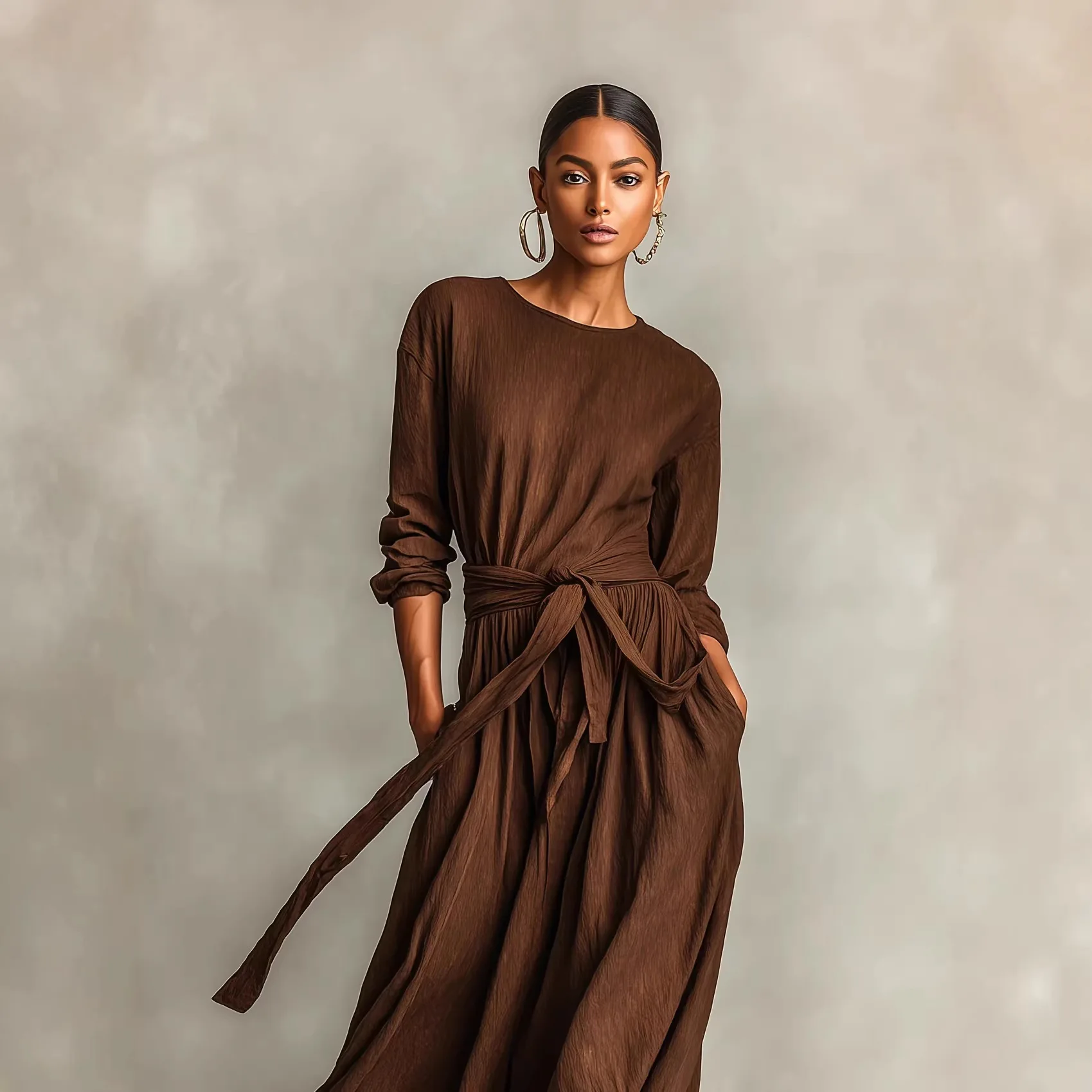 

2025 New Fashion Ruffled Lace-up Dress Women Spring Casual Loose Solid Color Retro Round Neck Long-sleeved Dresses For Women