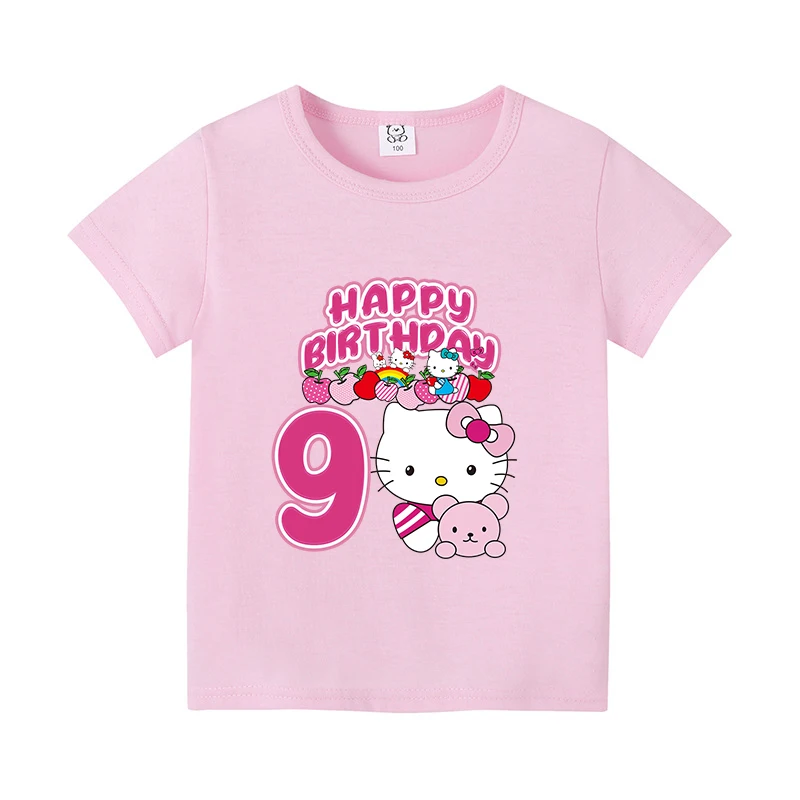 Hello Kitty T-shirt for Children Sanrio Birthday Numbers Pink T-shirt Cute Cartoon Short Sleeve Girl Loose Clothing Kids Gift