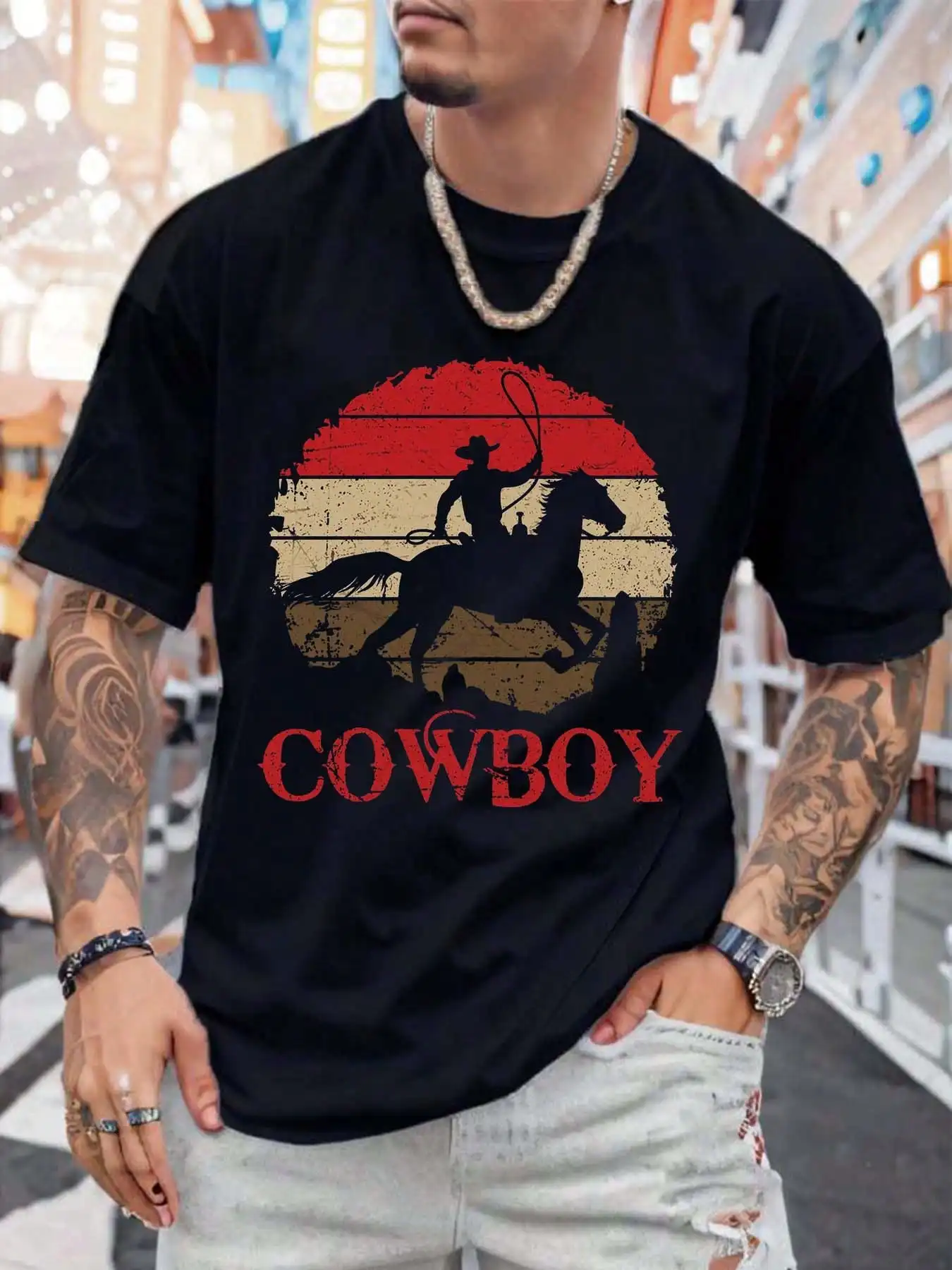 

Cowboy Fashion Men's Round Neck Cotton Short-Sleeved T-Shirt
