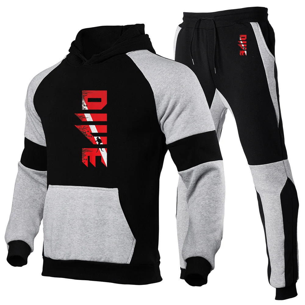 Scuba Diving Diver Down Flag Print 2025 Spring And Autumn Men's New Patchwork Color Casual Hoodie + Trouser Fashion Suit