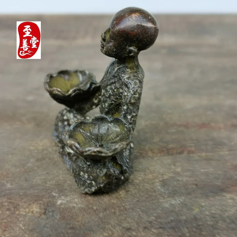 Antique Collectible: Old Patina Alloy Bronze Decorative Ornament for Living Room - Little Novice Monk5.5x2.5x5.5CM