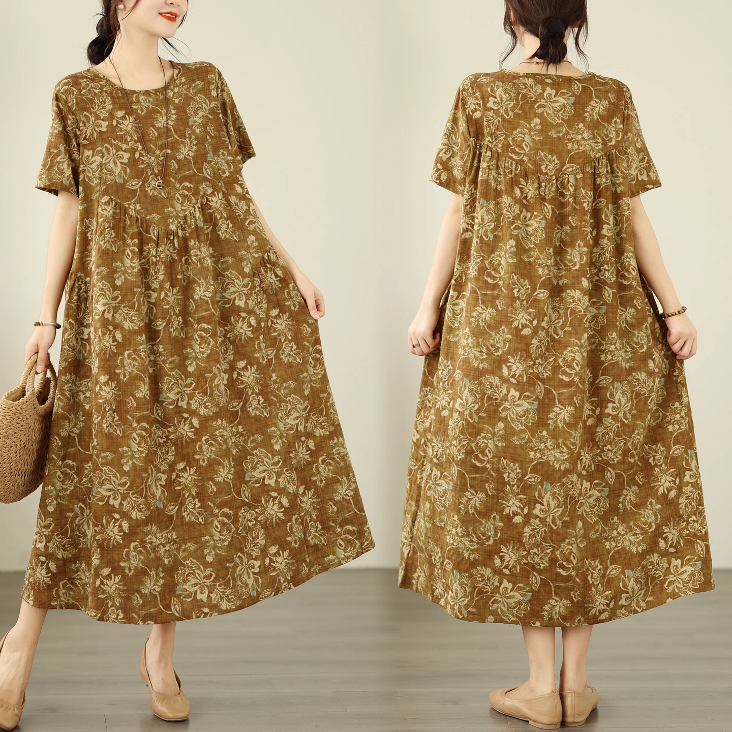 

Summer New Vintage Bamboo Fiber Loose A-Line Dress Women's round Neck Pocket Short Sleeve Long Dress Artistic Style High Waist