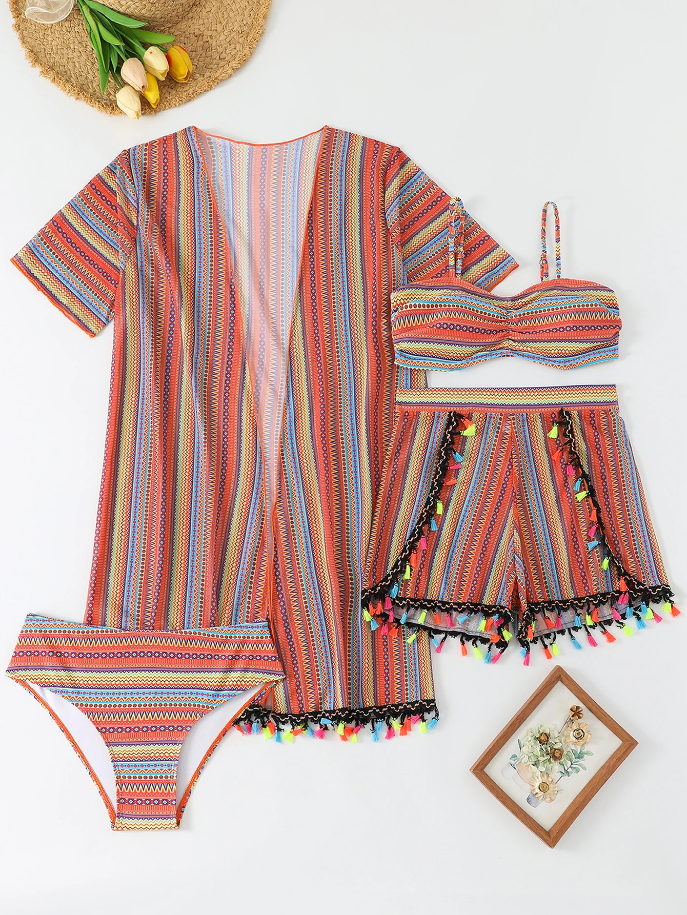 Hot Selling Women's Swimwear Spaghetti Straps Tassel Bikini 4-piece Set Covered Skirt Swimsuit Female Summer Swimming Beach Wear