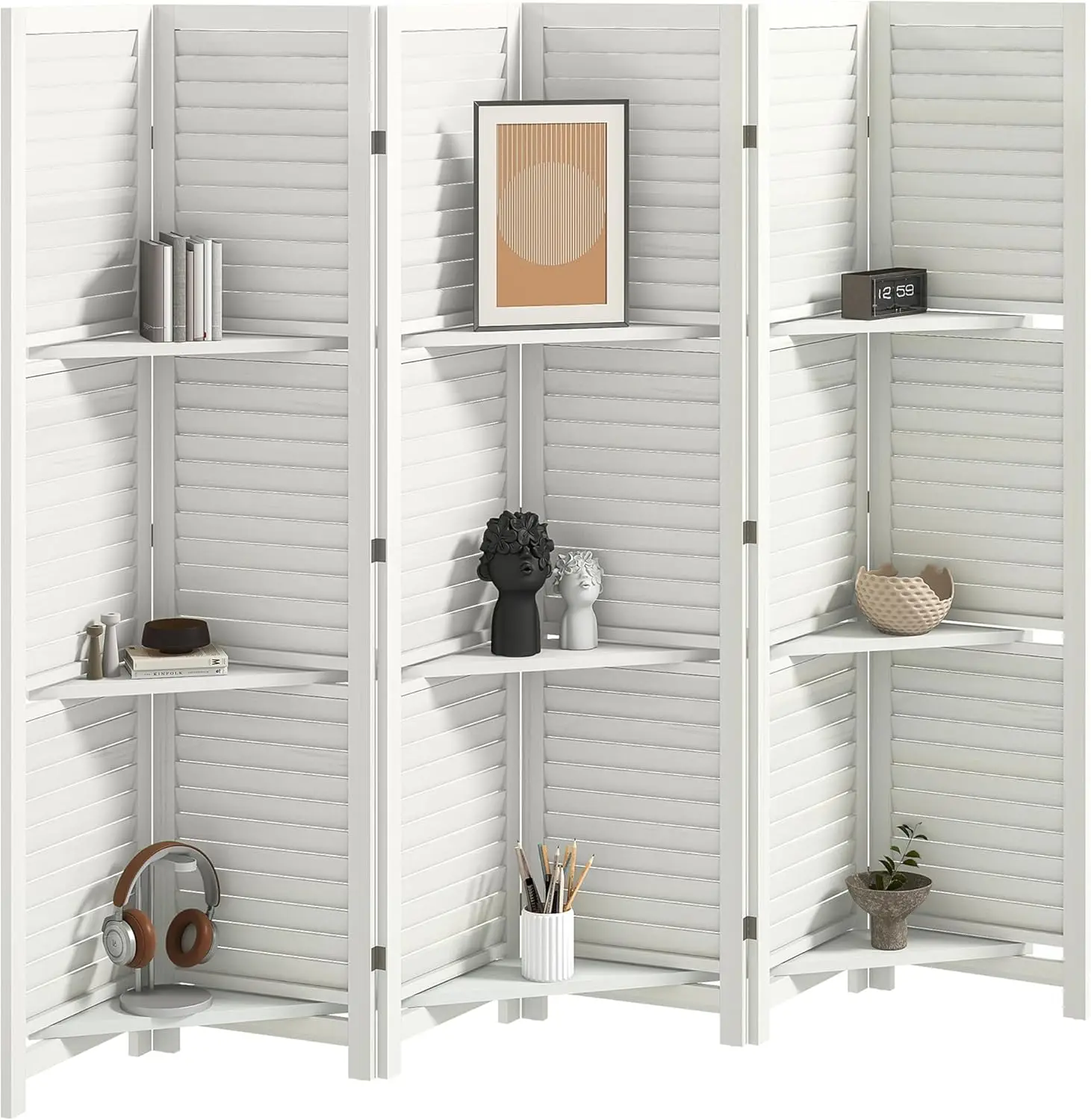 

Room Divider, 6 Panel 67" Tall Wood Privacy Screen with 3 Display Shelves, and Folding Storage for Bedroom or Home Offic