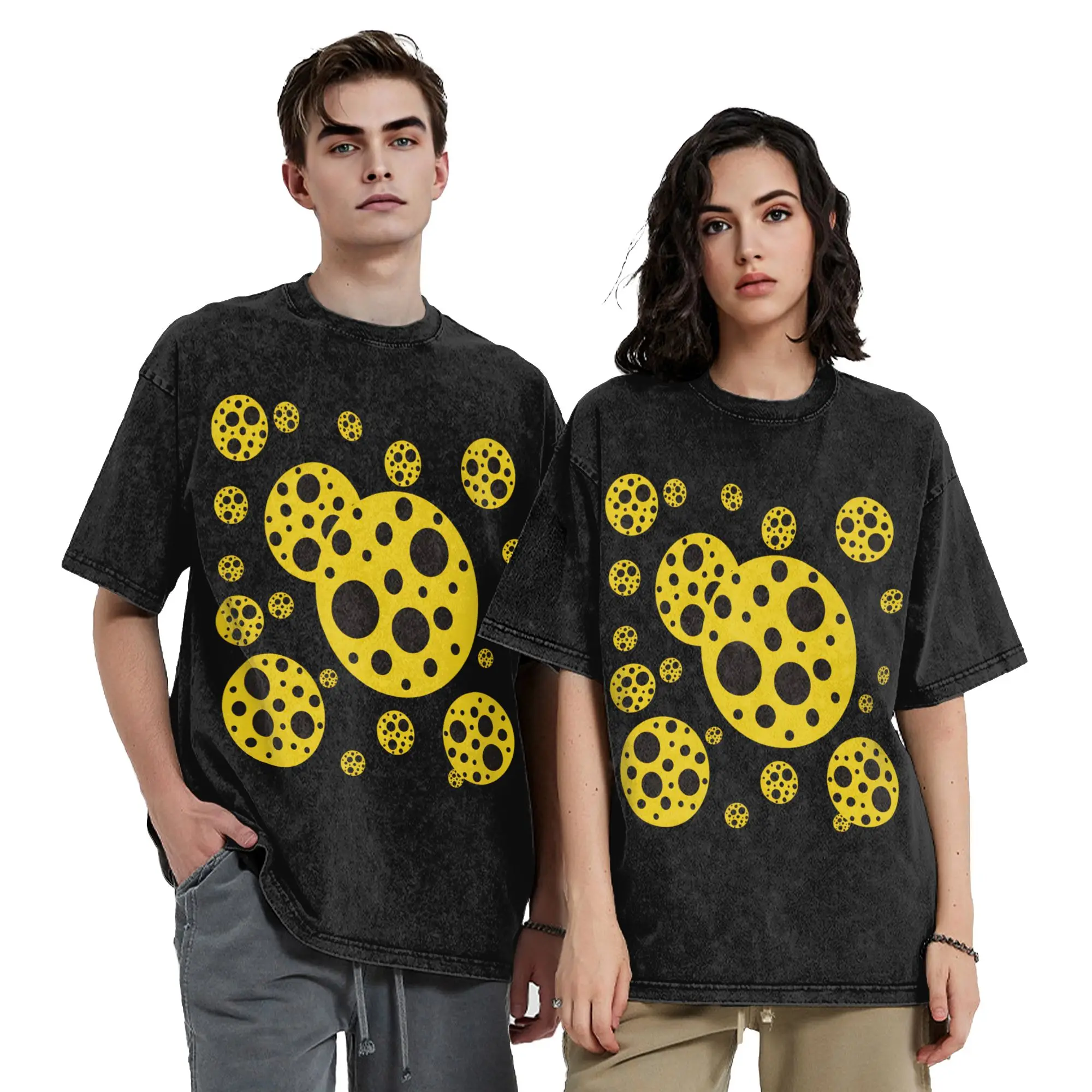 Yellow And Black Polka Dot T Shirts Hip Hop Washed 100% Cotton Oversize T-Shirt Yayoi Kusama for Men Women Tops Printed Tees