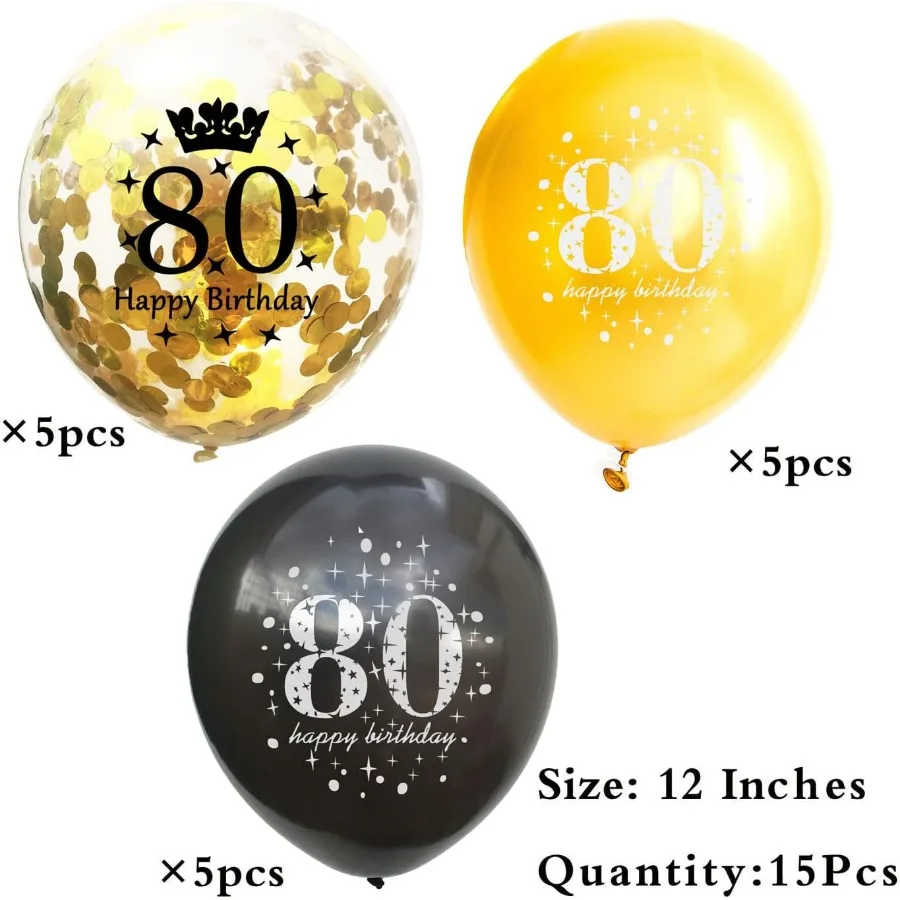 بالونات عيد الميلاد الثمانين باللونين الأسود والذهبي زينة حفلات أعياد الميلاد الثمانين للرجال والنساء بالونات قصاصات من اللاتكس لعمر 80 سنة