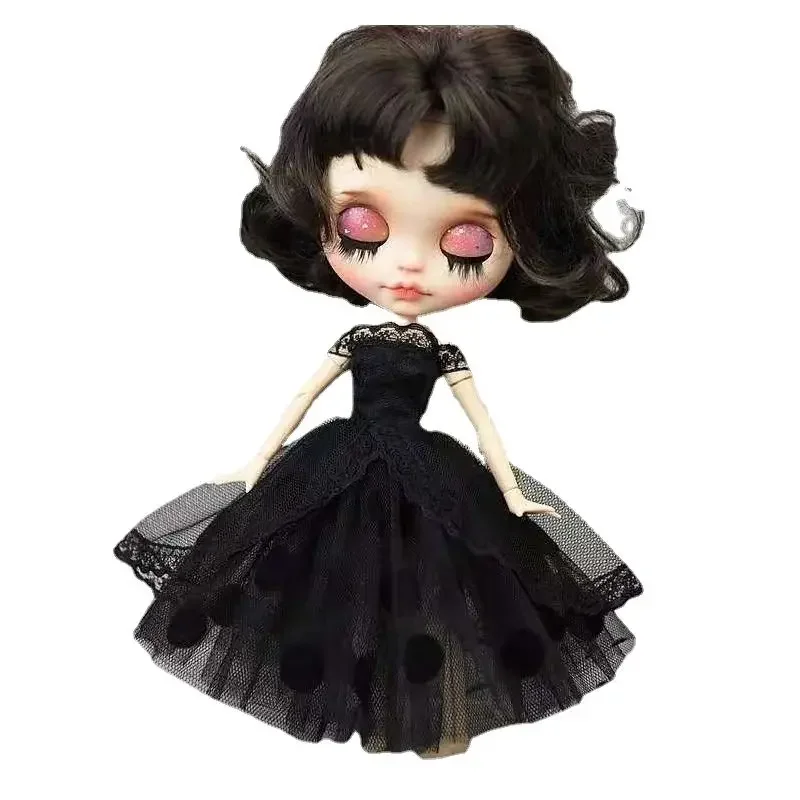 1/6 Classic Black Dotted Polka Lace Tutu Dress for Blyth Doll Clothes Outfits Blythe Princess Gown 1:6 BJD Dolls Accessories Toy